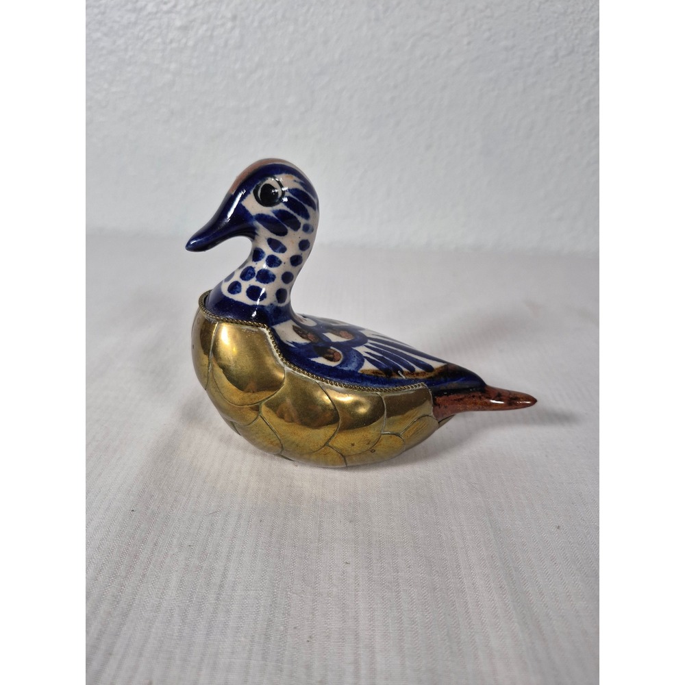 Vintage Mexican Tonala Pottery Brass Duck Figurine Hand Painted Folk Art Blue